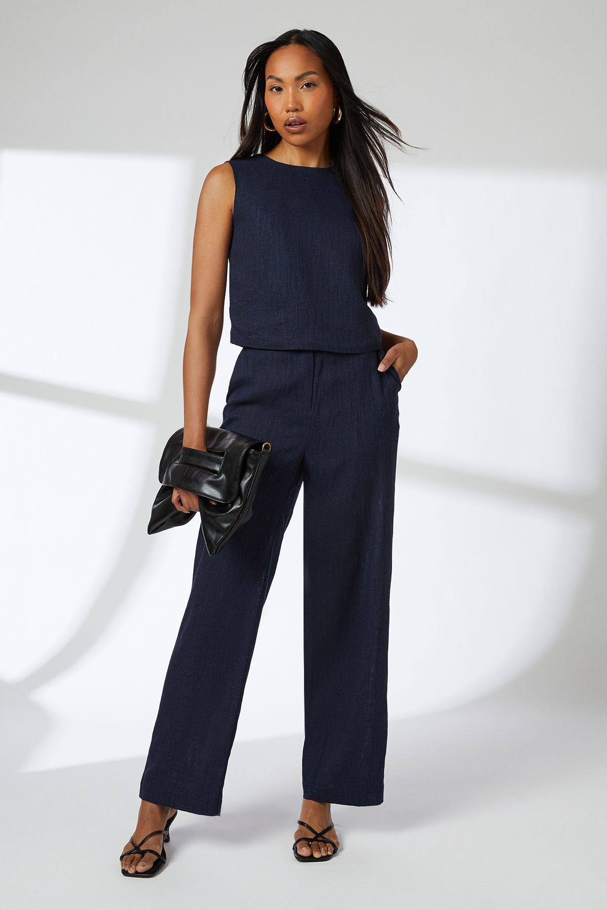 Principles Navy Linen Blend Cropped Top Navy