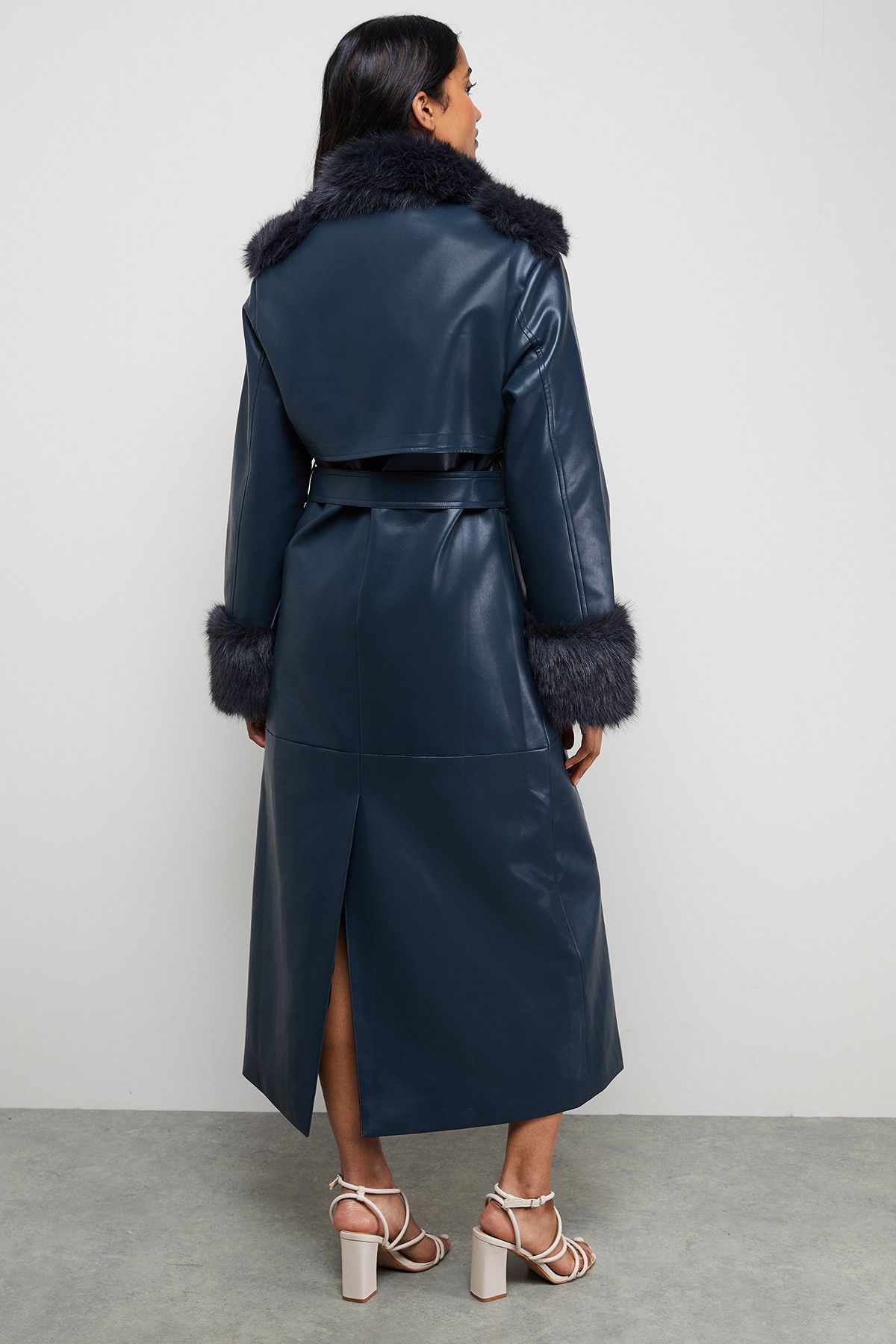 Warehouse PU Belted Faux Fur Collar Trench Coat Teal image 3