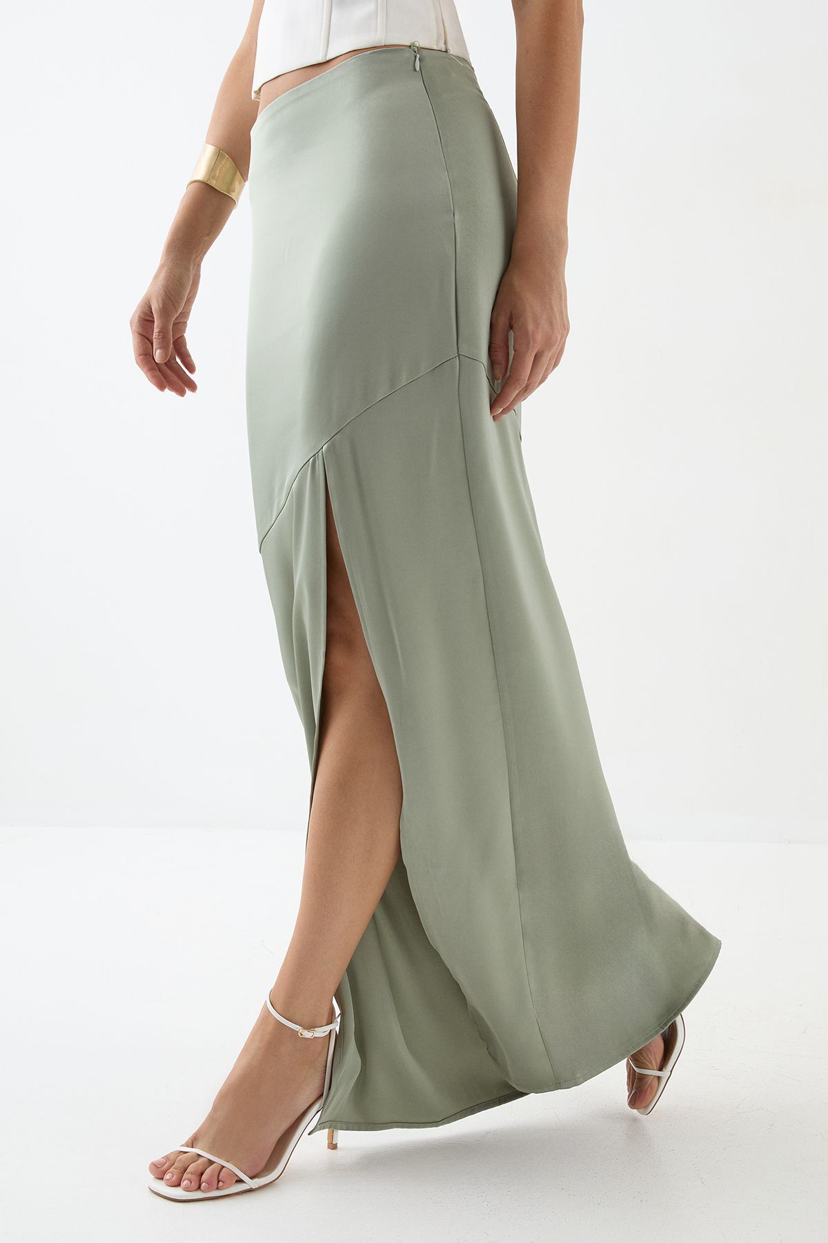 MissPap Satin High Waist Maxi Skirt Olive image 2
