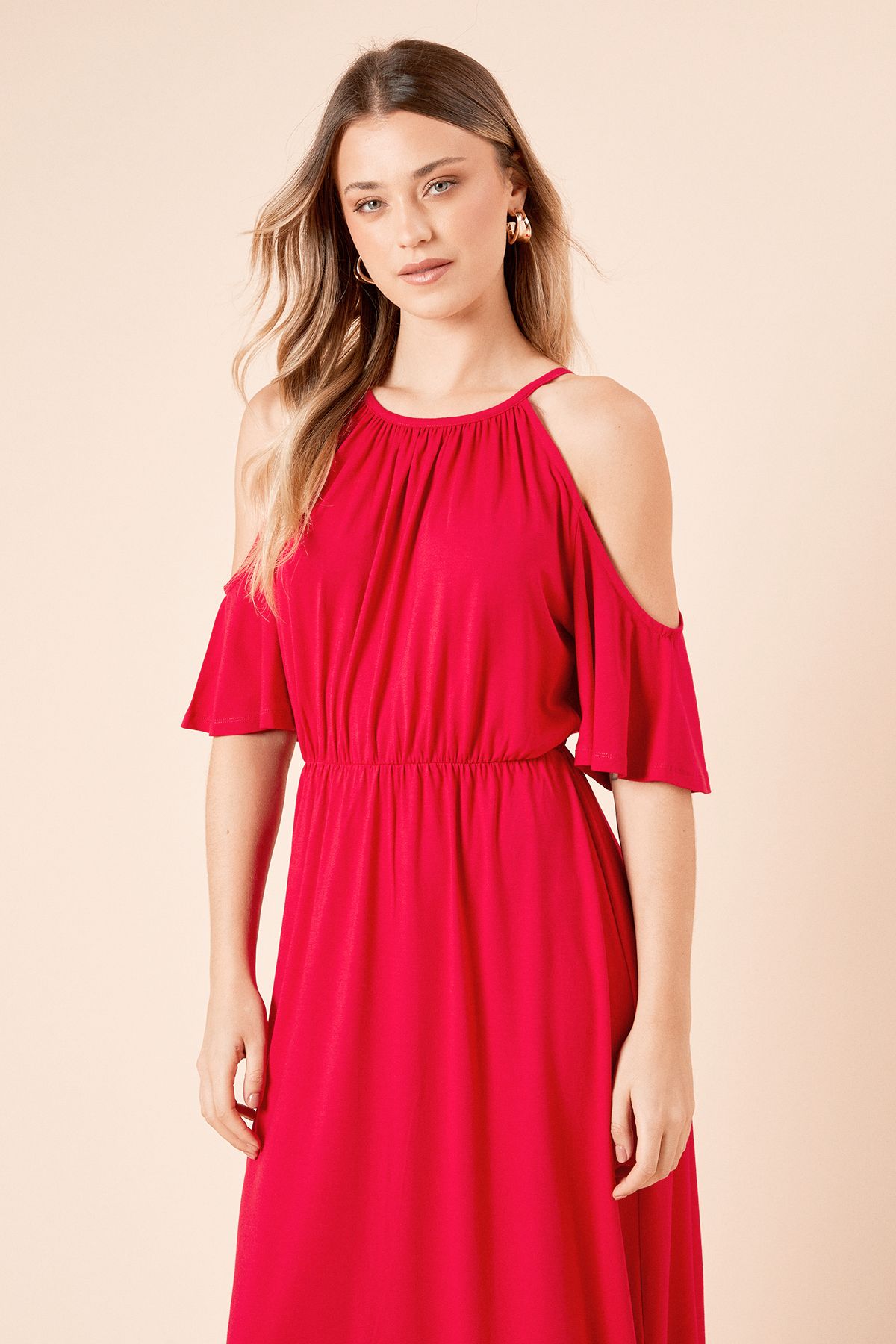 Dorothy Perkins Cold Shoulder Halterneck Jersey Midi Dress Rose image 2