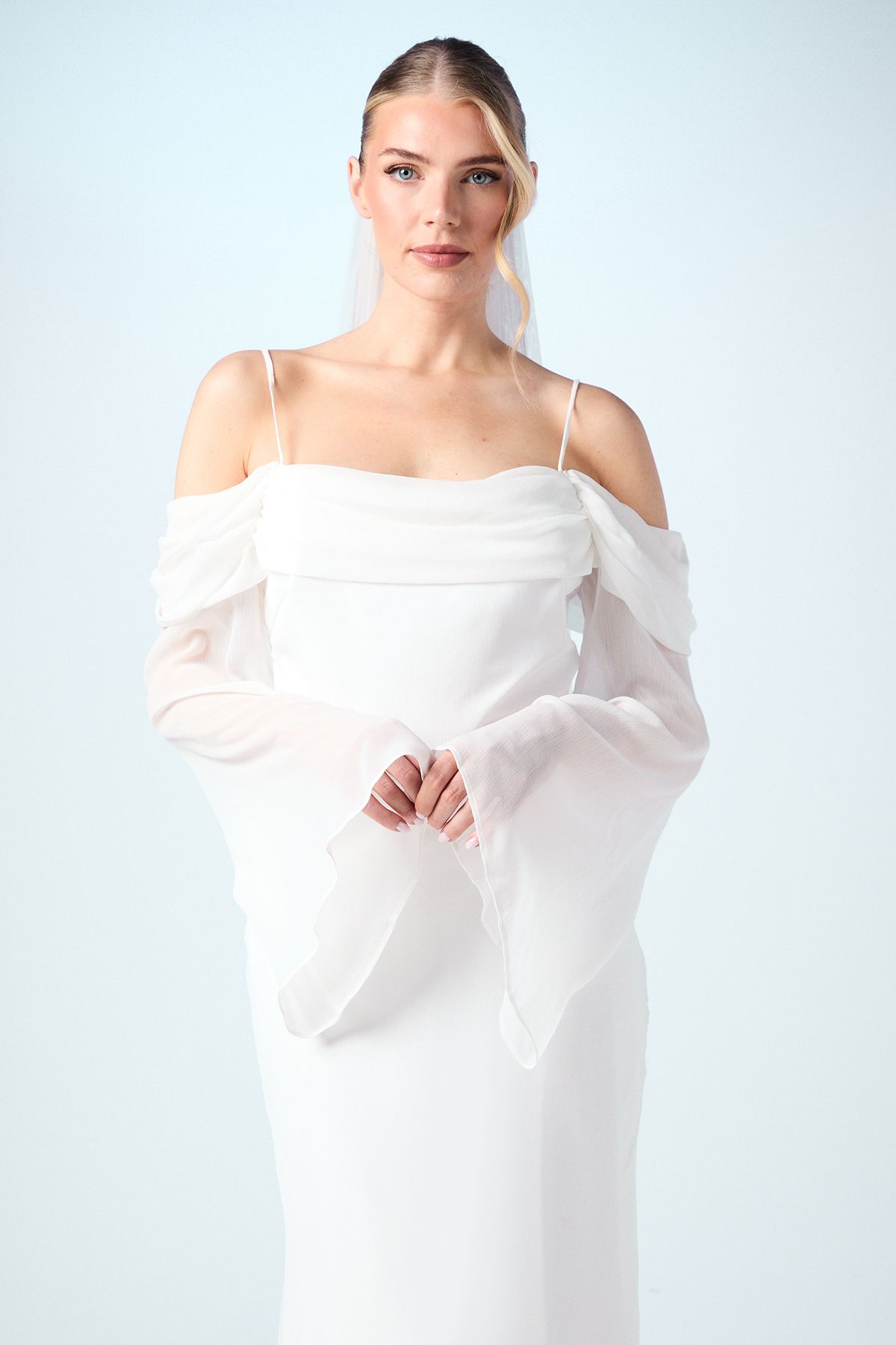 Coast Flare Sleeve Cowl Neck Chiffon Beach Wedding Dress Ivory image 4