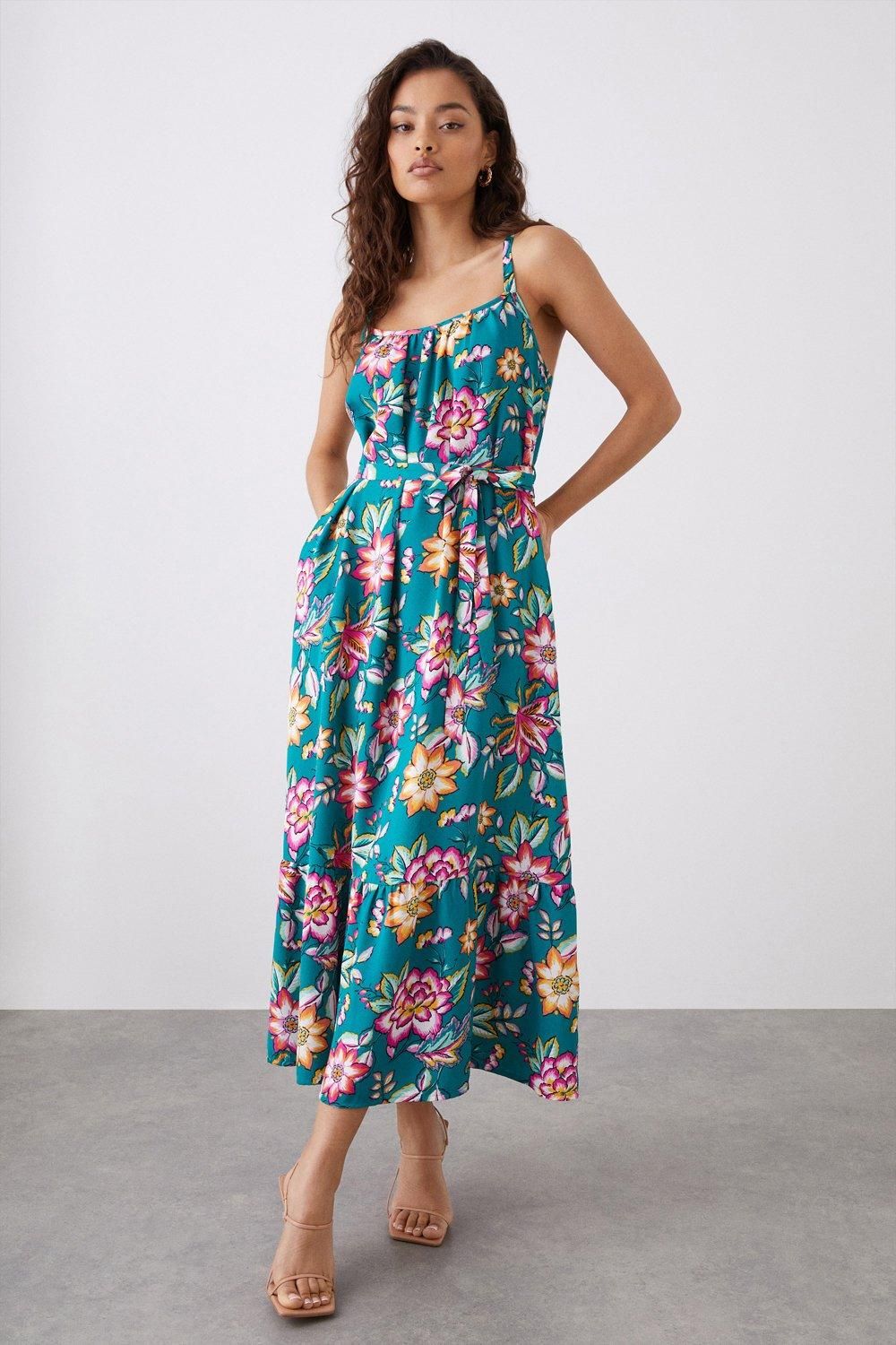 Dorothy Perkins Petite Green Floral Tiered Pocket Midi Dress Green image 1