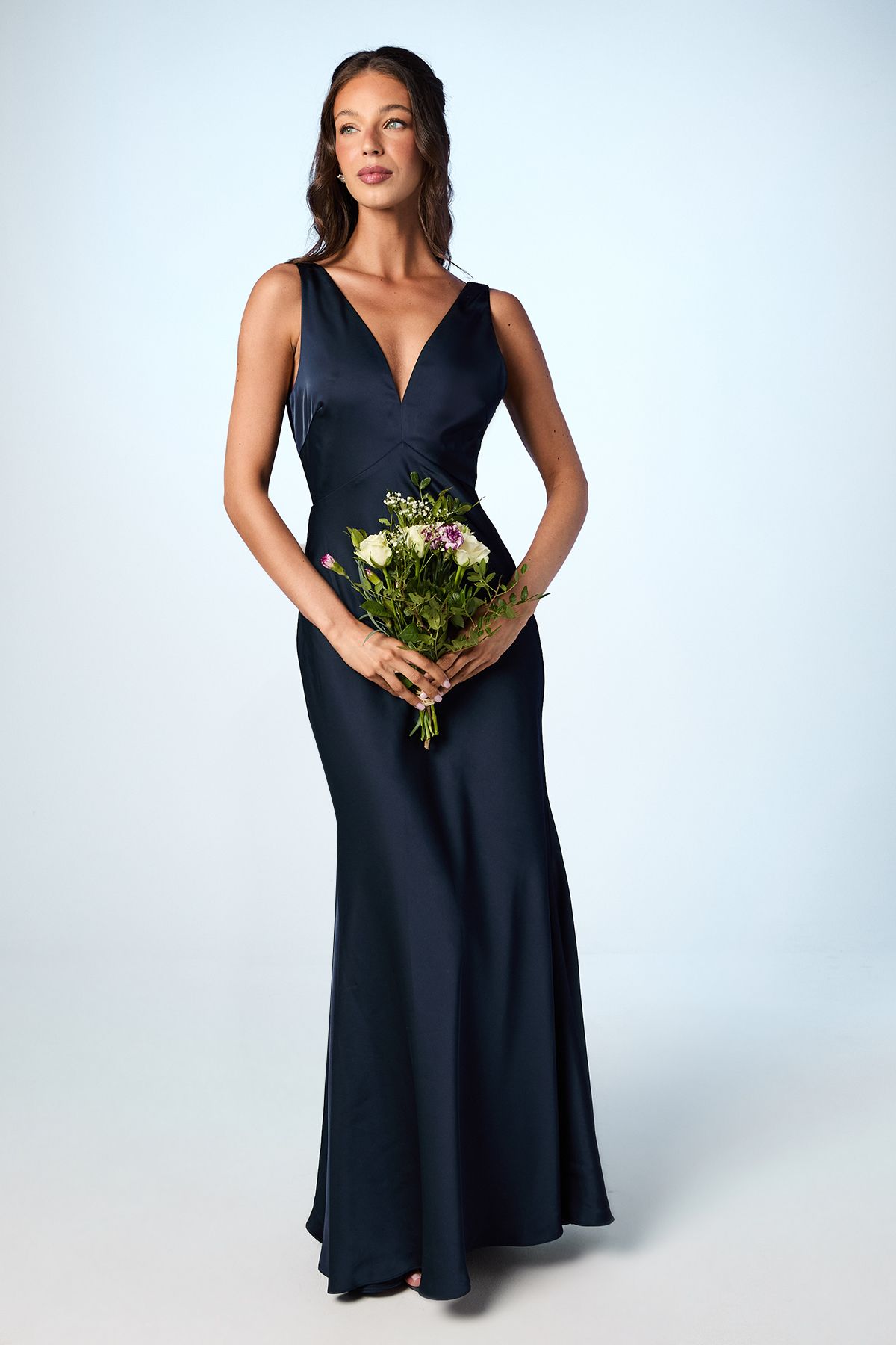 Coast Satin V Neck Maxi Bridemaids Dress with Back Sash Detail Navy image 1