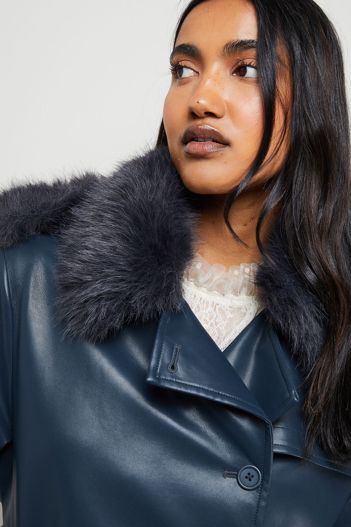 Warehouse PU Belted Faux Fur Collar Trench Coat Teal image 2