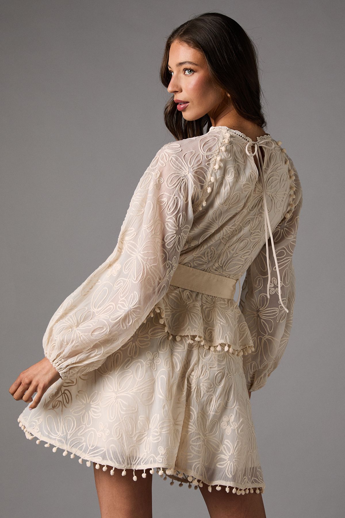 Coast Long Sleeve Tiered Skirt Mini Dress With Belt Cream image 3