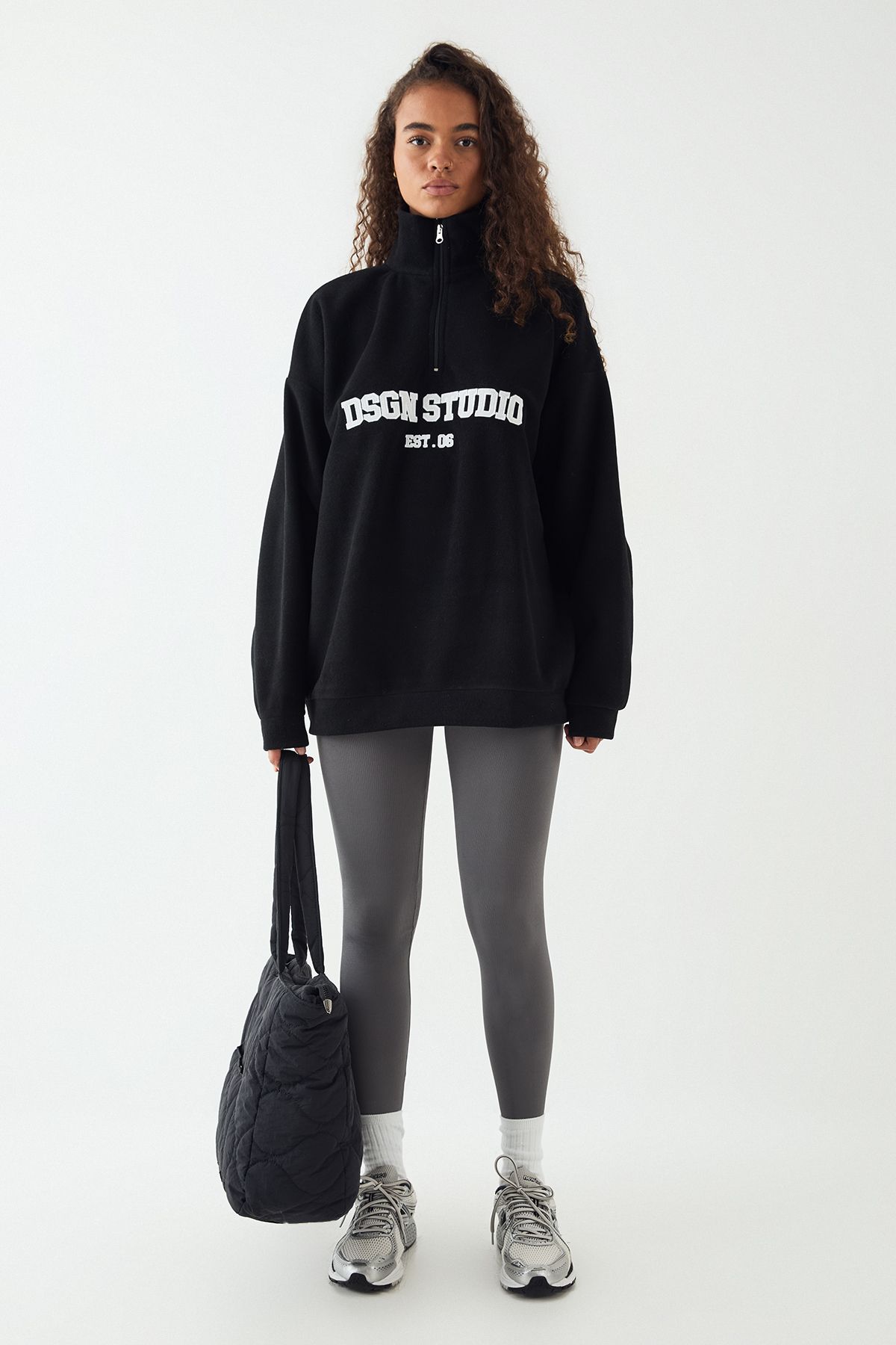 DSGN Studio DSGN Studio Slogan Embroidered Half Zip Oversized Polar Fleece Sweatshirt Black image 5