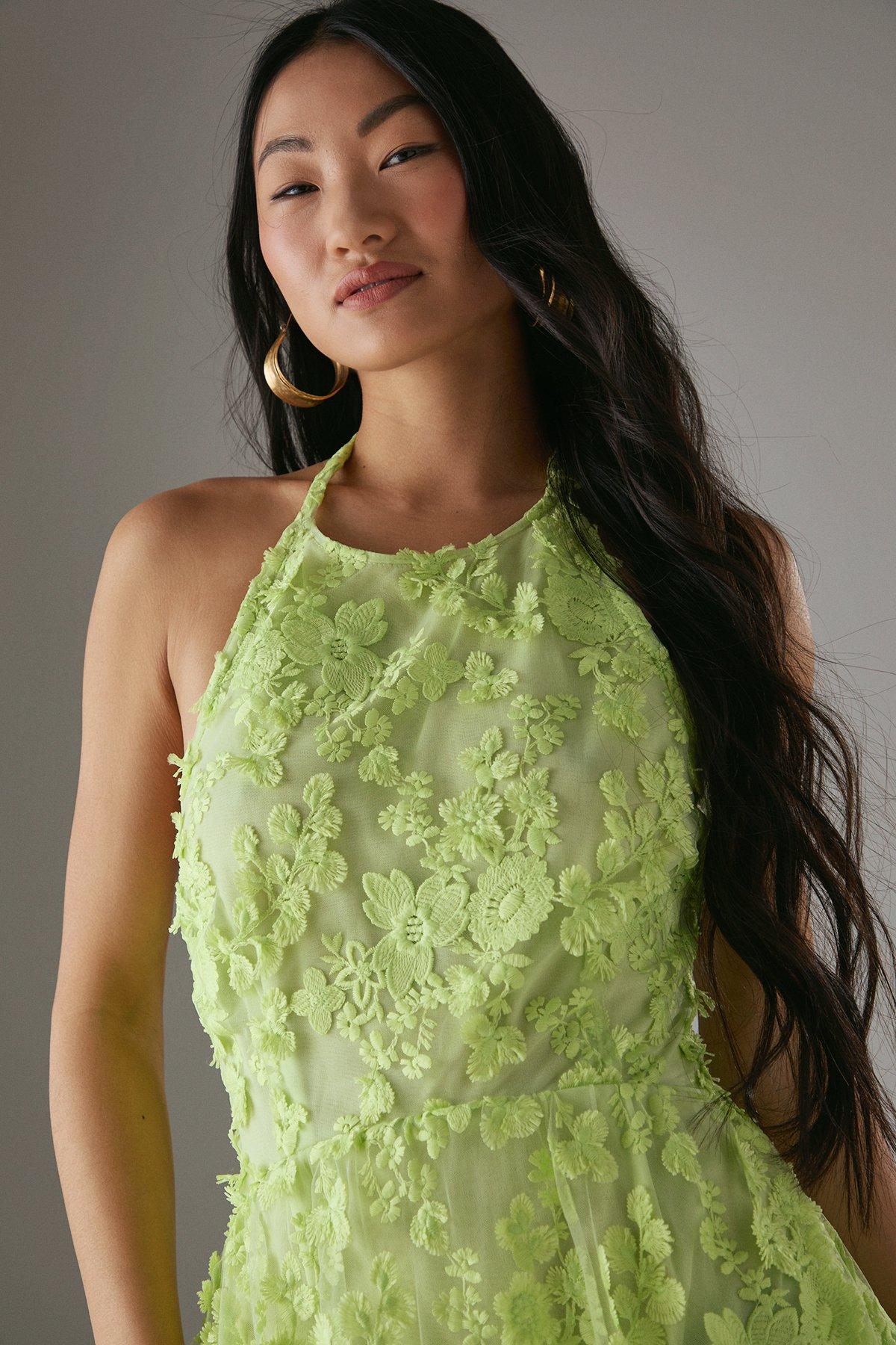 Warehouse Petite 3D Embroidered Halter Open Back Midi Dress Apple Green image 4