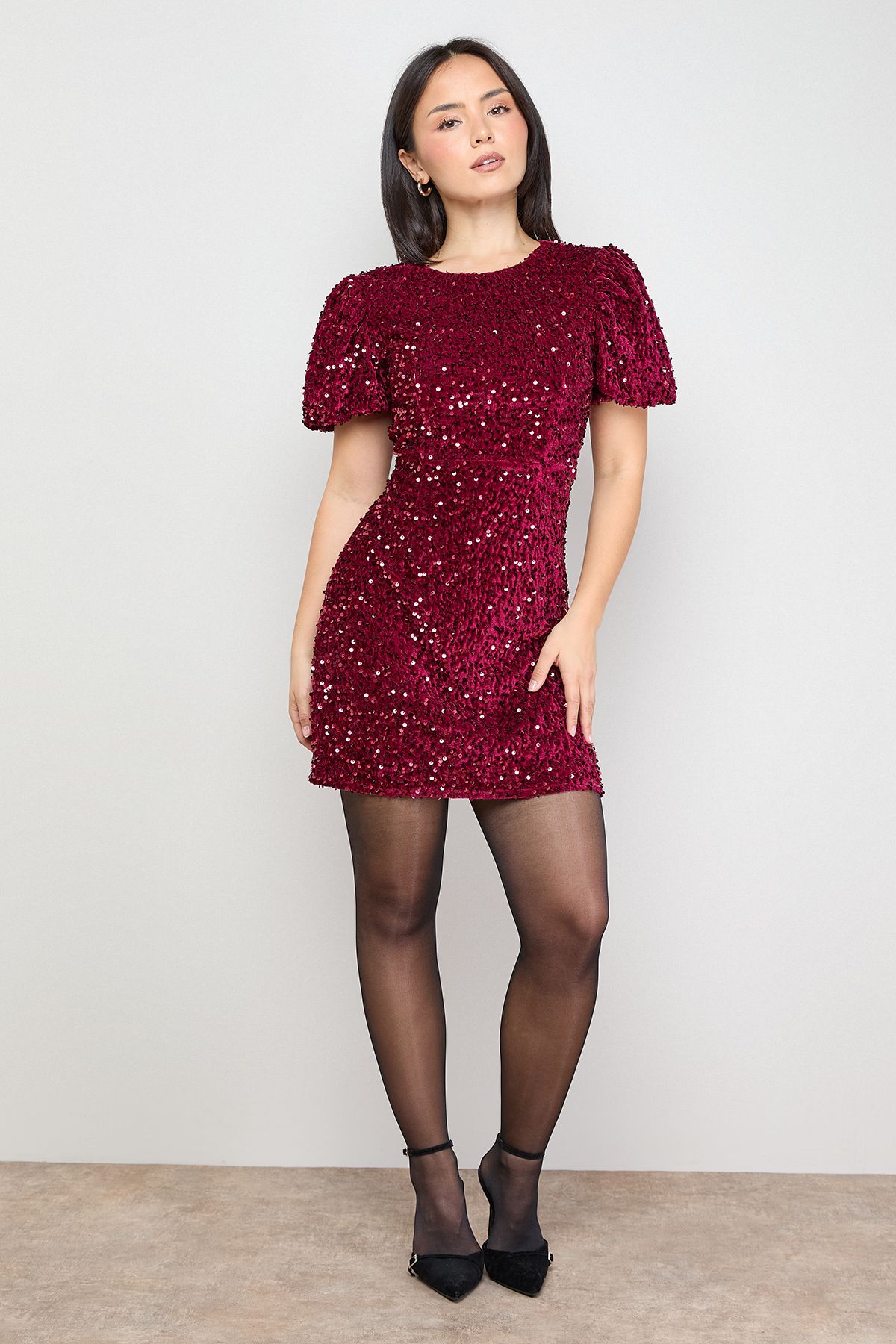 Oasis Petite Occasion Puff Sleeve Sequin Mini Dress Red image 4