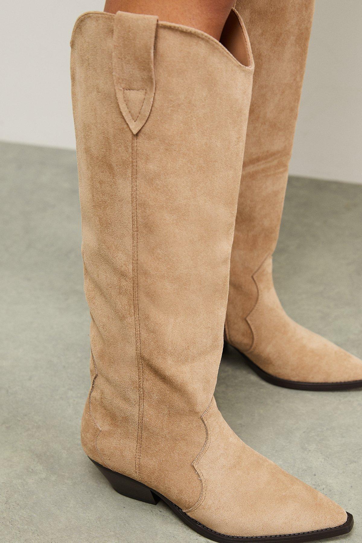 Oasis Faith: Cali Faux Suede Low Heel Western Knee Boots Beige image 4