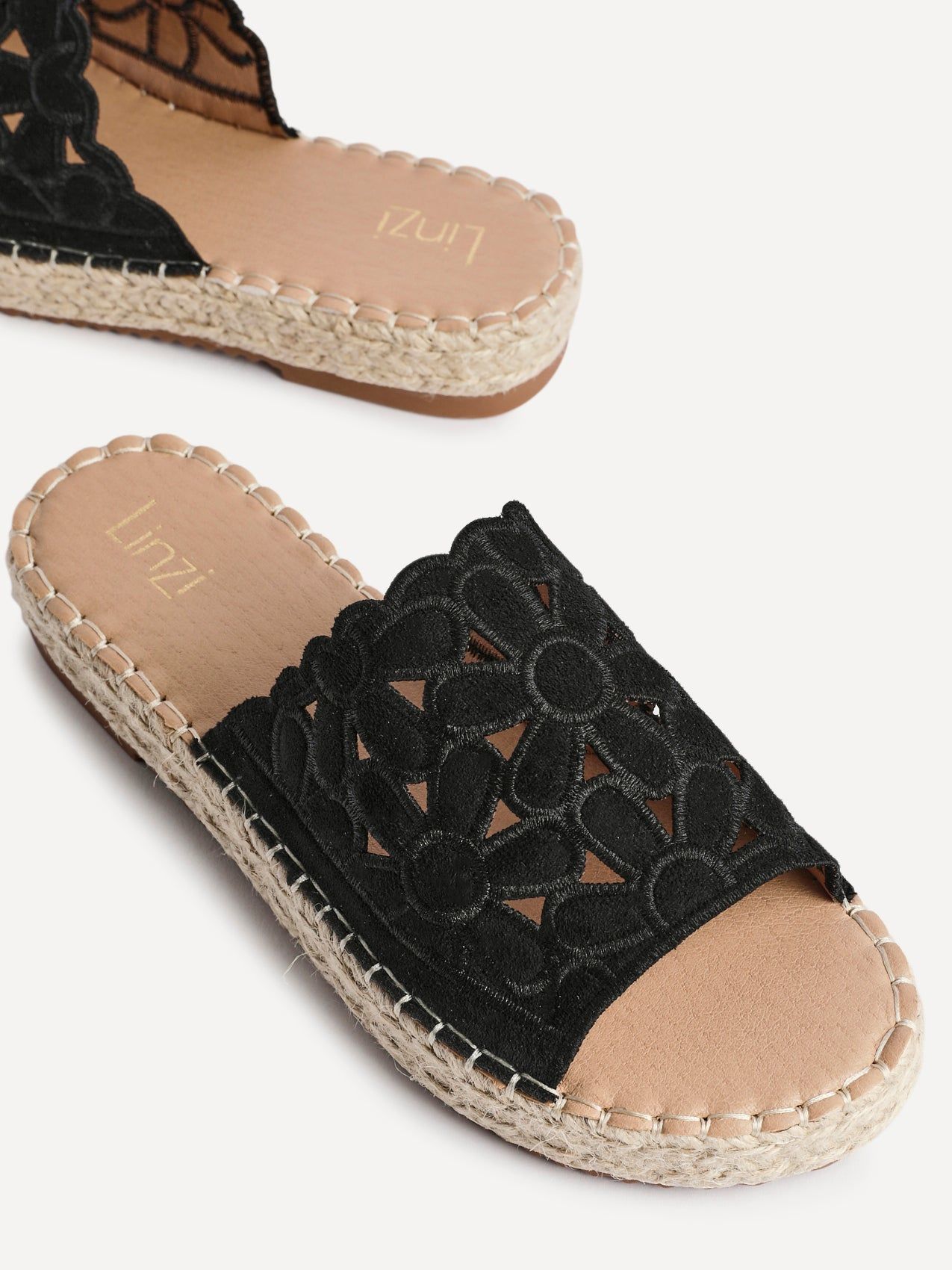 Linzi Parade Black Suede Floral Espadrille Flatform Slider image 5