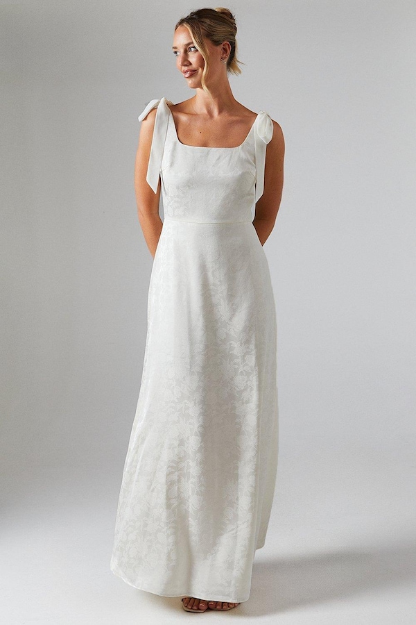 Oasis Square Neck Chiffon Tie Shoulder Satin Jacquard Bridesmaids Dress Champagne