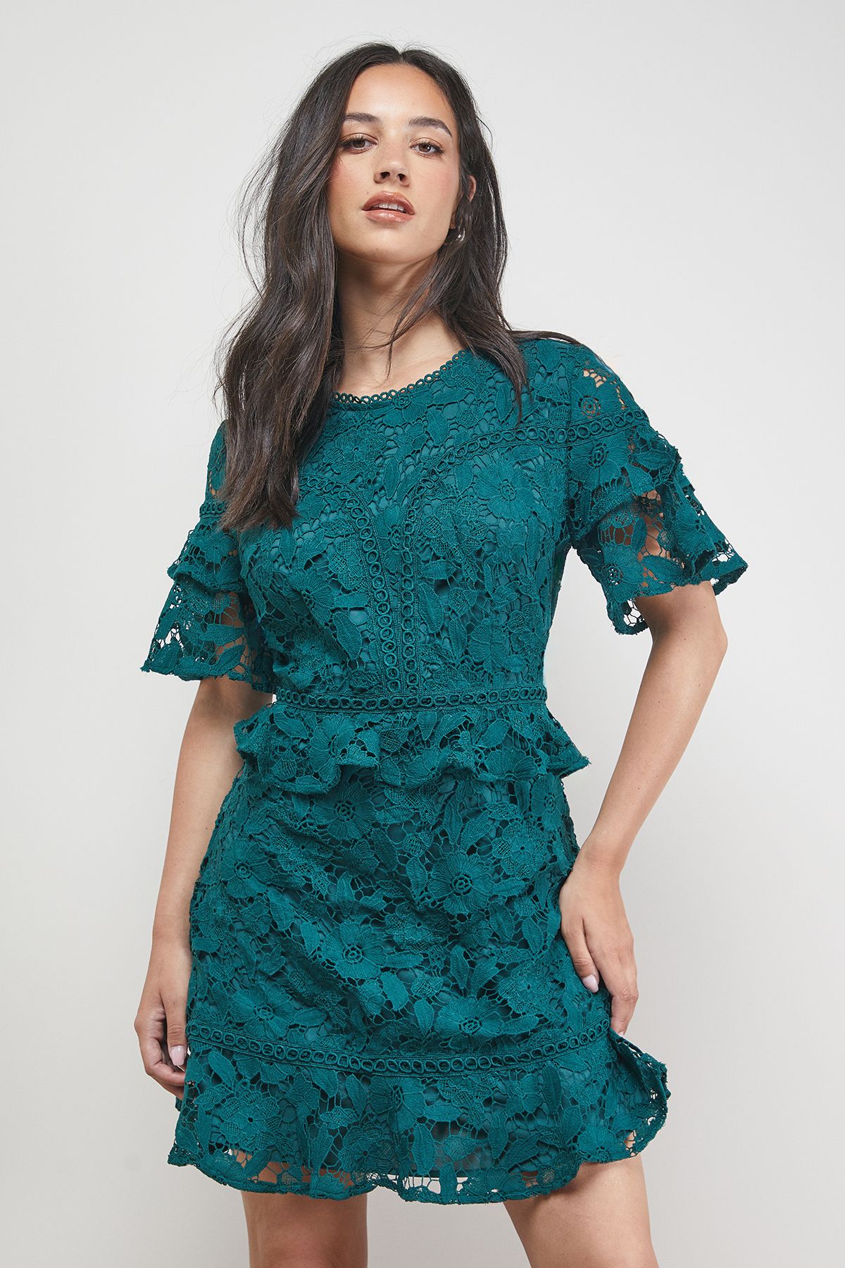 Oasis Lace Trim Detail Frill Sleeve Mini Dress Green