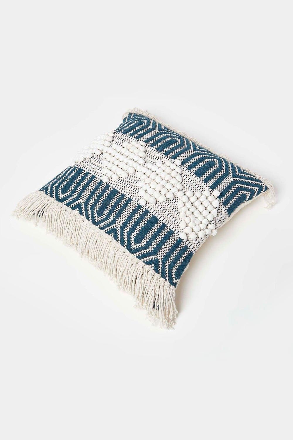 Homescapes Safi Handwoven Fringed Navy & Cream Kilim Cushion image 5