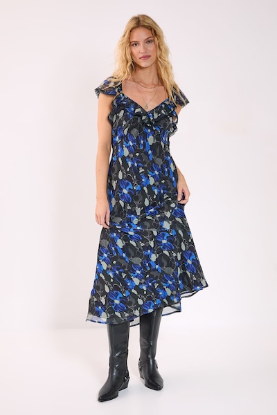 NastyGal Floral Chiffon Lace Trim Cap Sleeve Maxi Dress Blue