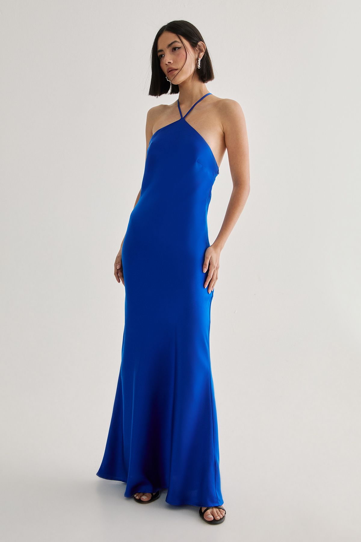 NastyGal Satin Halter Neck Cowl Back Maxi Dress Cobalt image 1