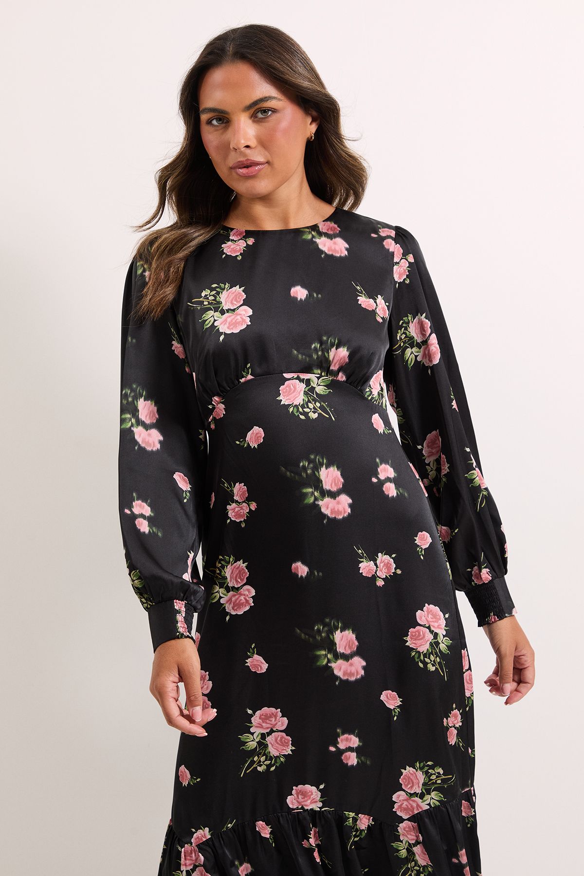 Dorothy Perkins Floral Empire Seam Blouson Sleeve Sleeve Midi Dress Black image 2