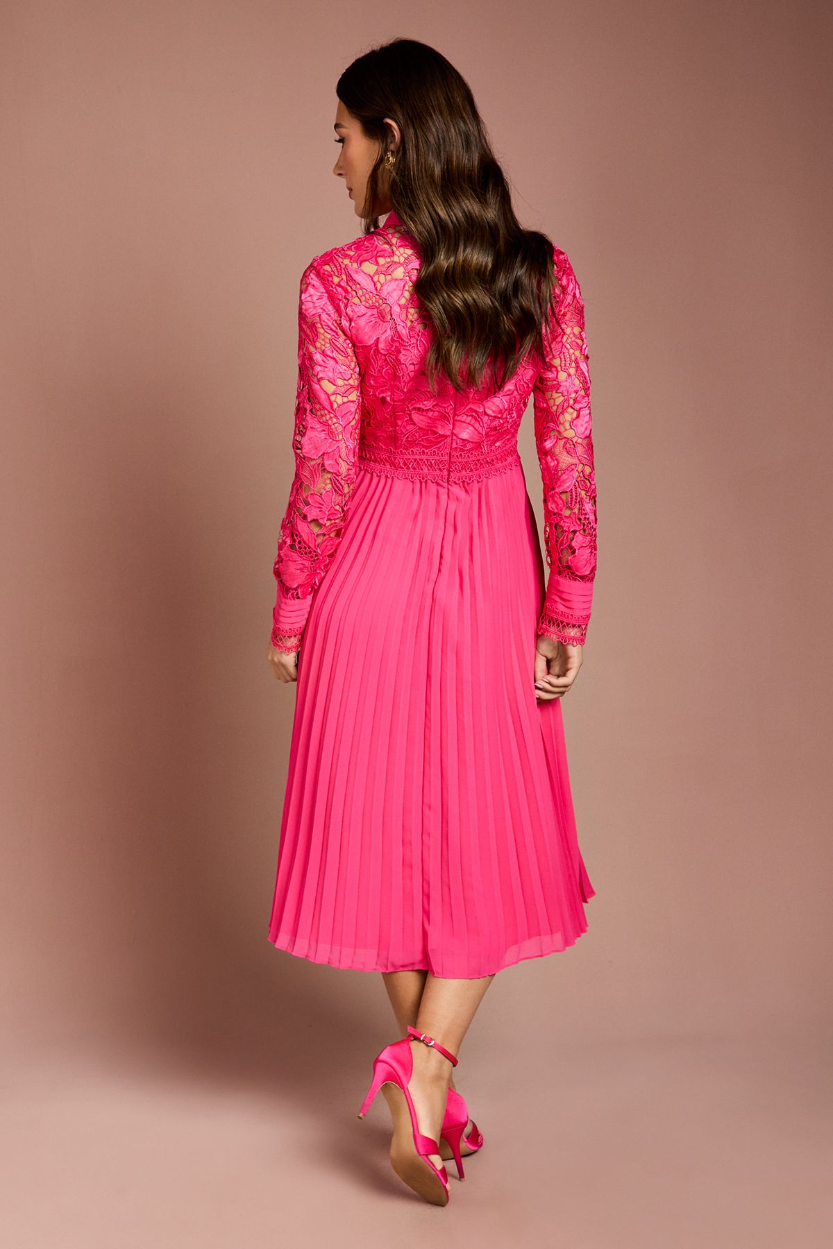 Coast Long Sleeve Lace and Pleated Midi Shirt Dress Hot Pink image 3