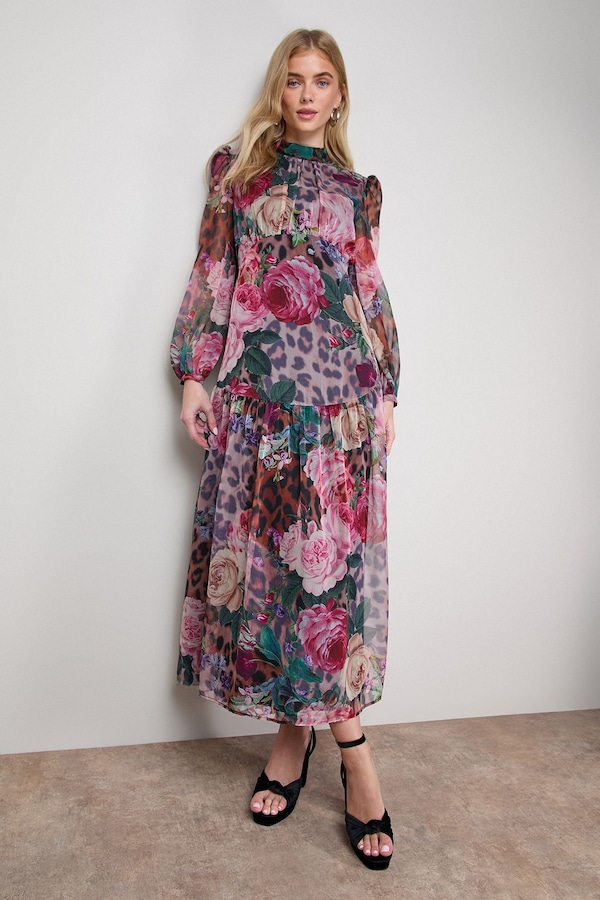 Oasis Printed Dropped Curved Waist Long Sleeve Maxi Dress Multi