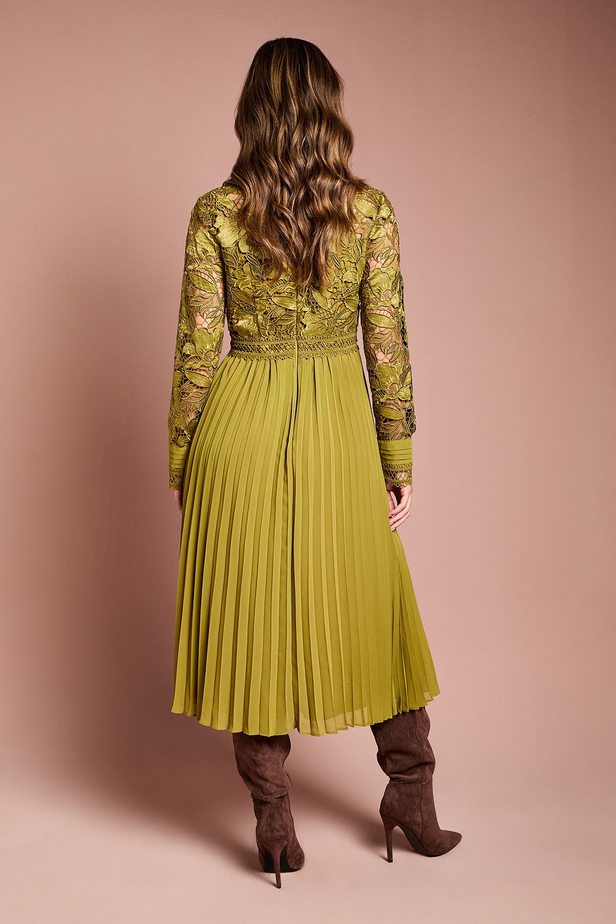 Coast Long Sleeve Lace and Pleated Midi Shirt Dress Olive image 5