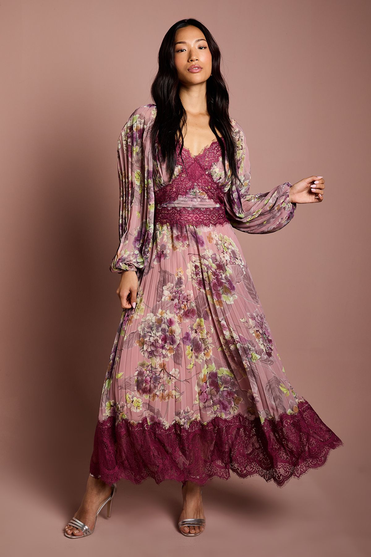 Coast Long Sleeve Pleated Lace Trim Midaxi Dress Pink image 1