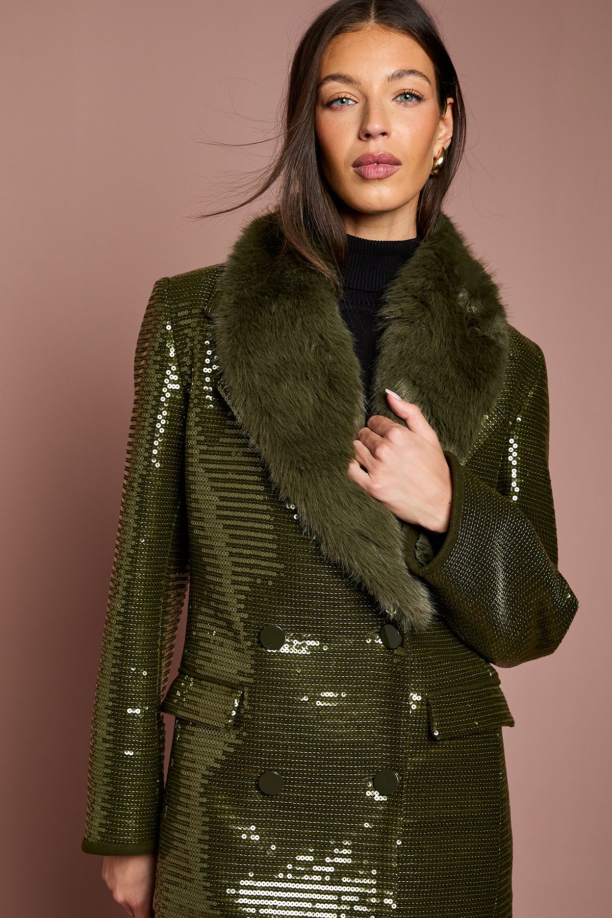 Coast Faux Fur Collar Sequin Longline Coat Olive image 4
