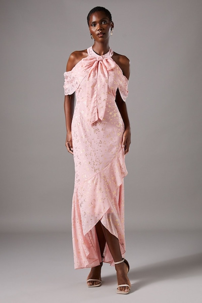 Coast Cold Shoulder Jacquard Midi Dress With Wrap Skirt And Tie Neck Pink