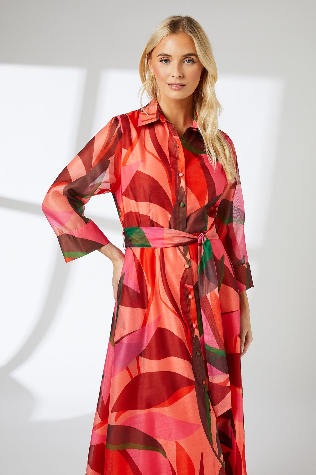 Principles Pink Abstract Print Belted Collared Shirt Dress Pink image 2