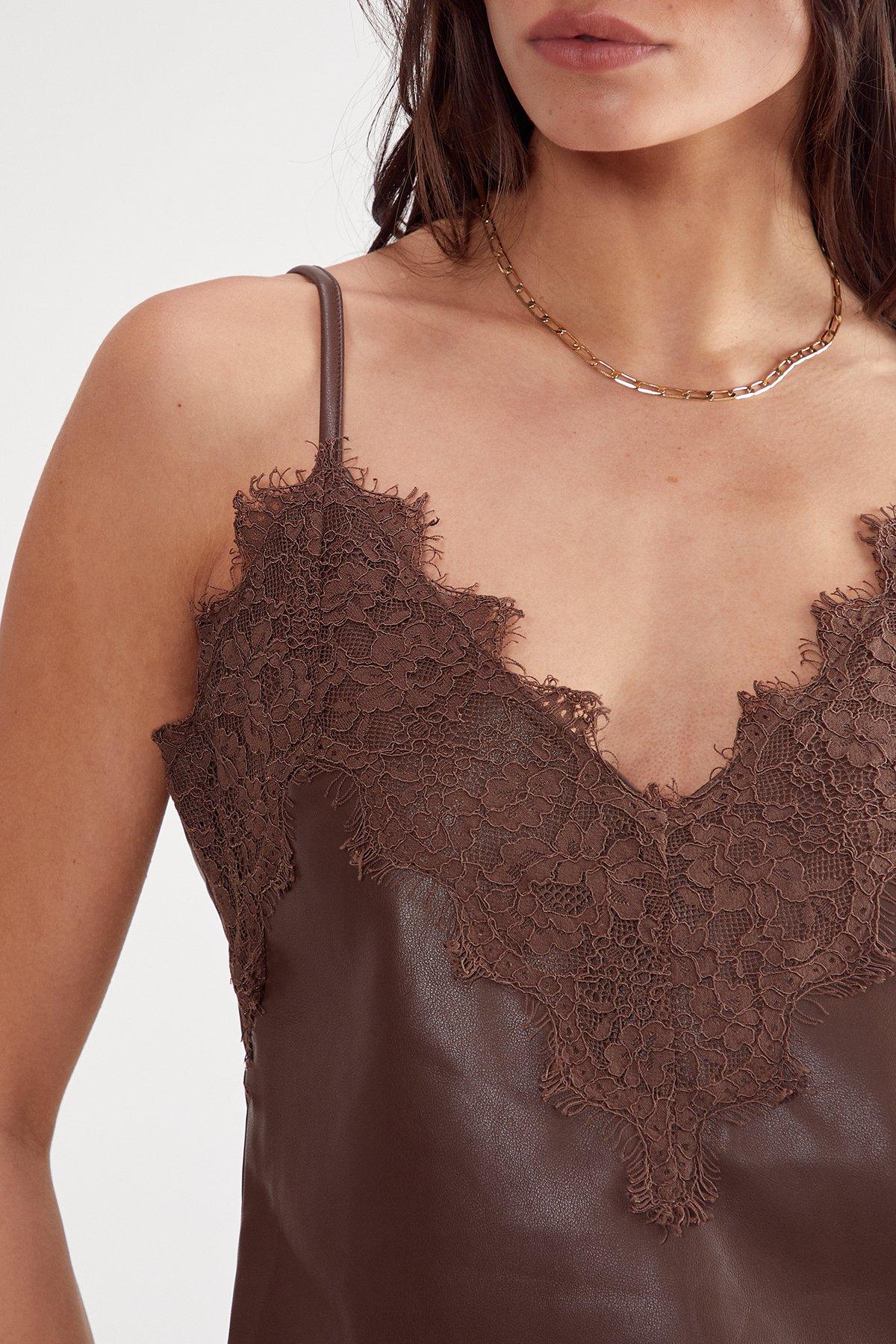 NastyGal Eyelash Lace Trim Detail Faux Leather Cami Top image 5