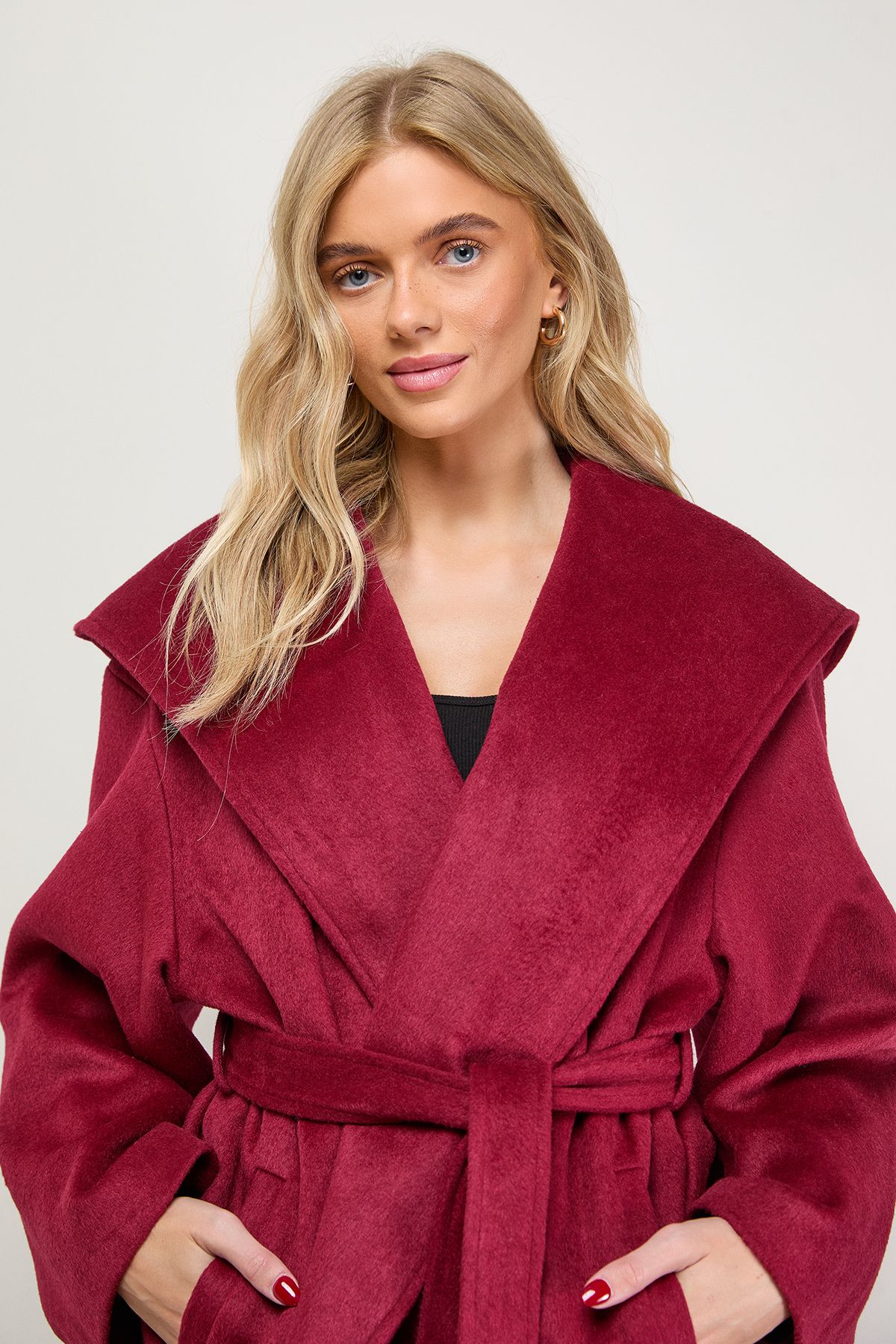 Oasis Hooded Cropped Belted Coat Berry image 5