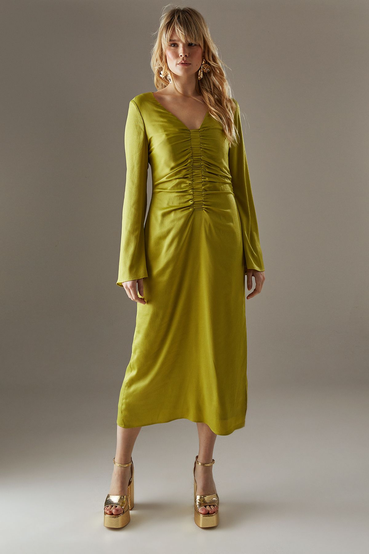 Warehouse Crinkle Satin Ruched Front Column Midi Dress Chartreuse image 2