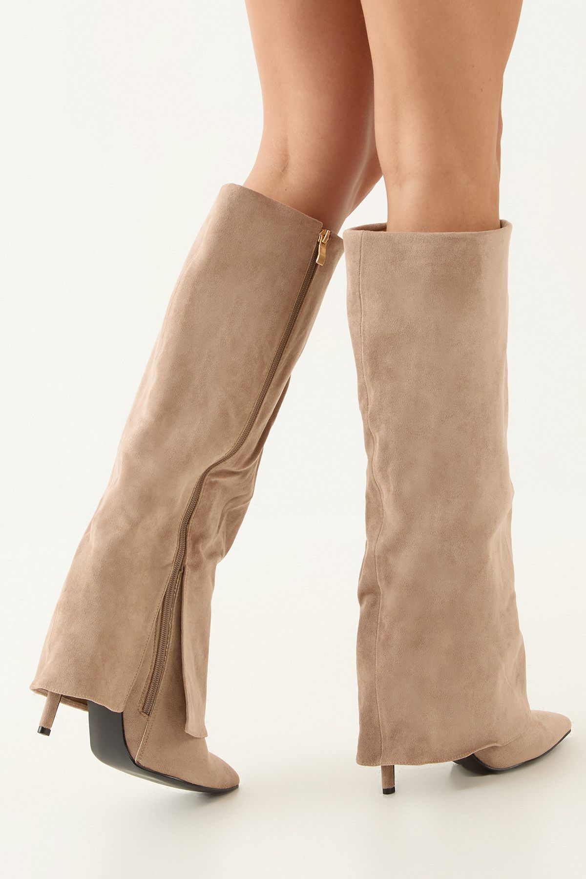 MissPap Faux Leather Sleeve Pointed High Stiletto Heel Knee Boots Beige image 3