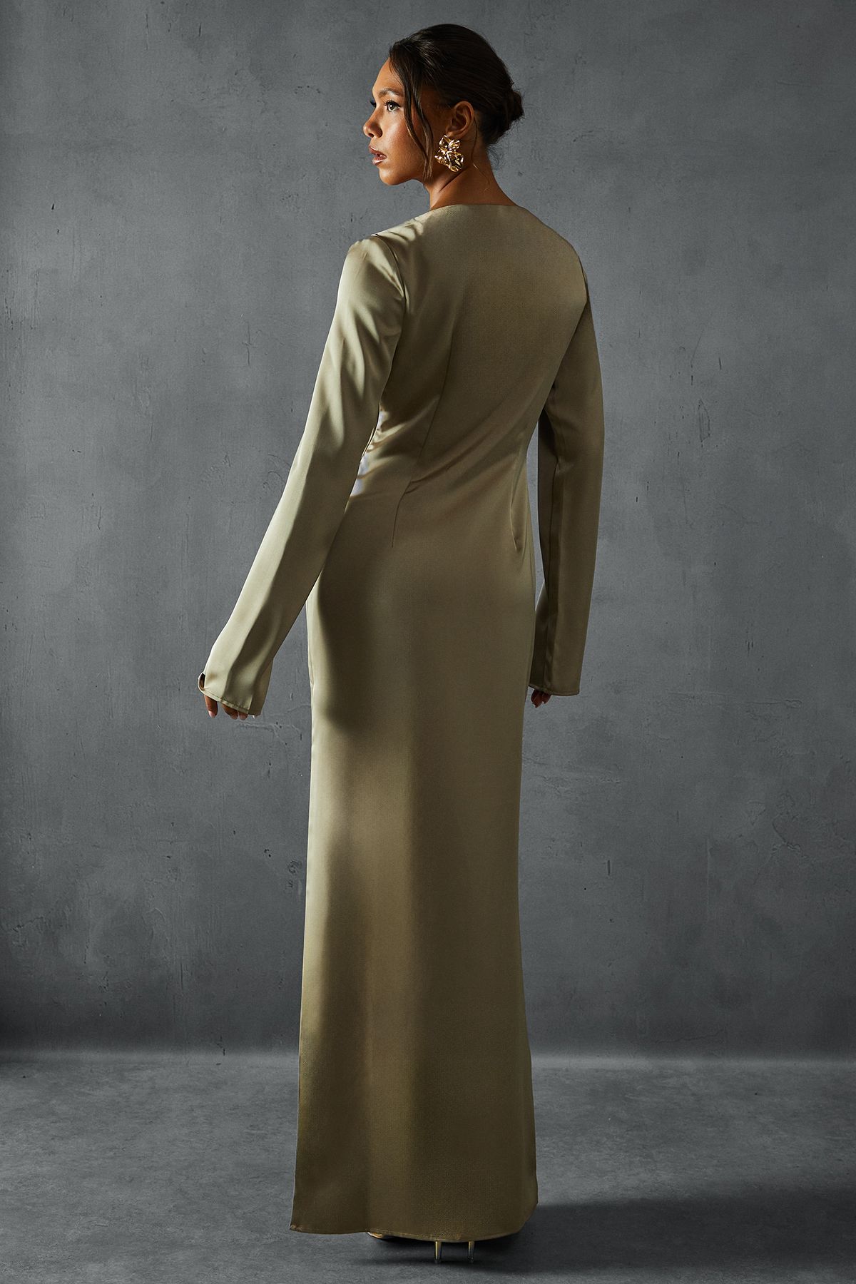 MissPap Premium Satin Tie Front Long Sleeve Maxi Dress Bronze image 3