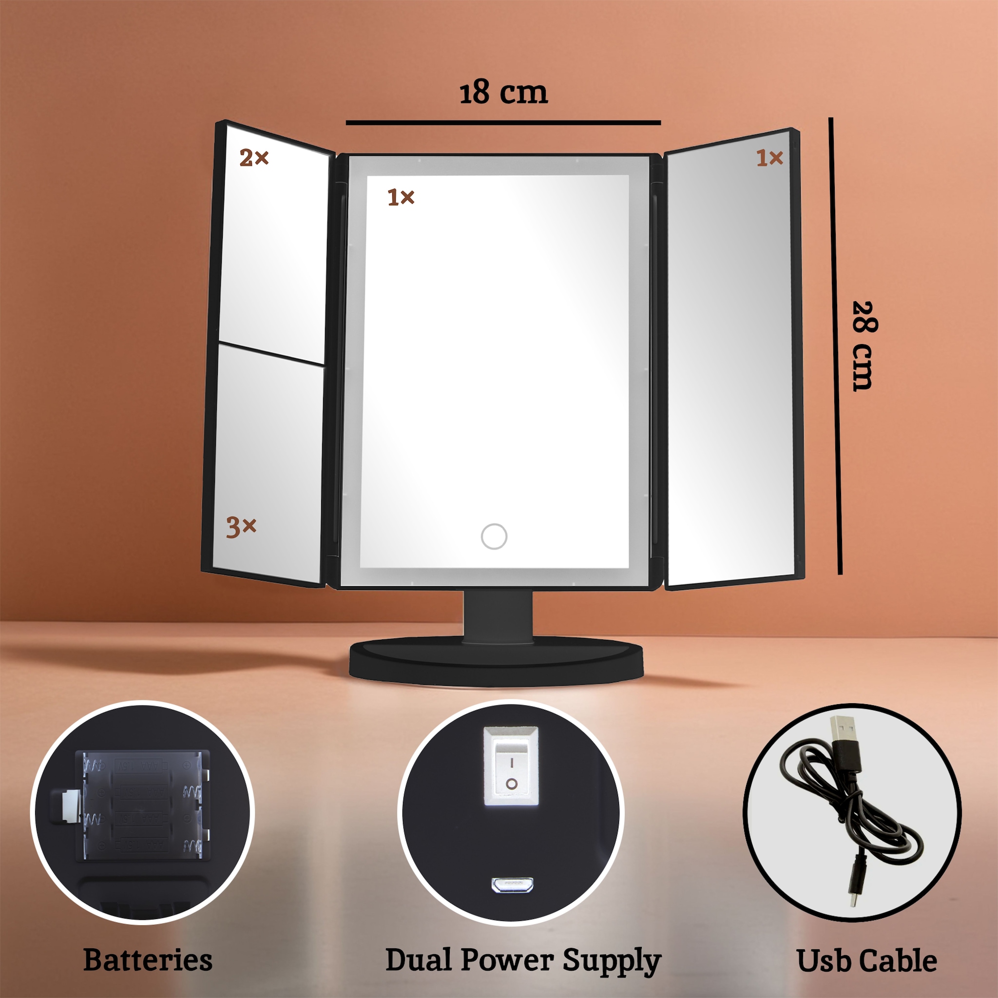 Orsina 180 Degree Rotatable Tri Fold White Table Mirror, TriFold Design Table Mirror, Versatile Small Table Mirror image 5
