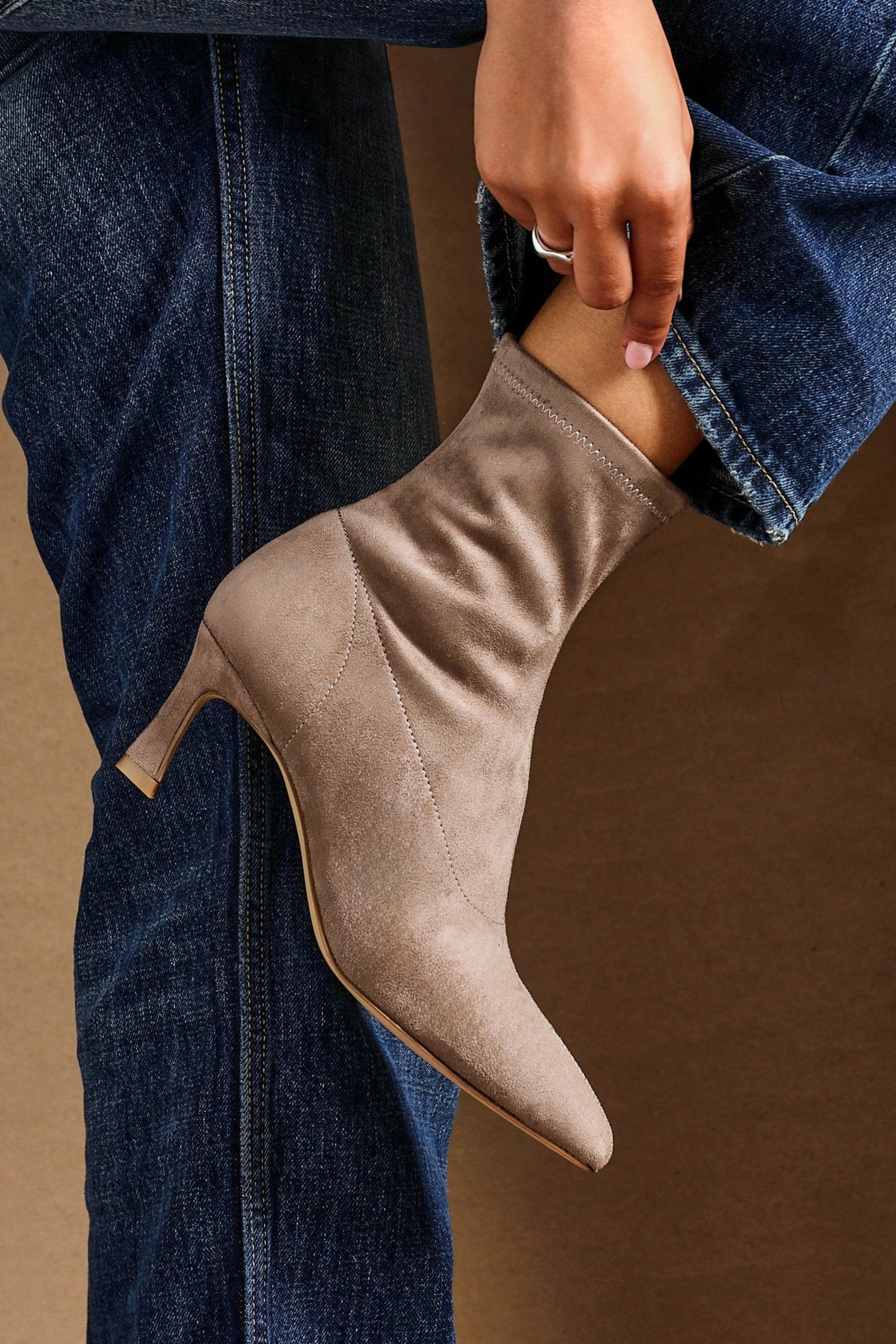 Linzi Upgrade Mocha Faux Suede Kitten Heel Sock Ankle Boot image 2