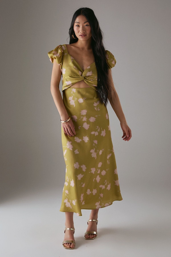 Warehouse Petite Satin Knot Front Cut Out Midi Dress Olive