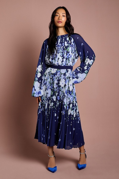 Coast Long Sleeve Floral Pleated Georgette Midi Dress Navy