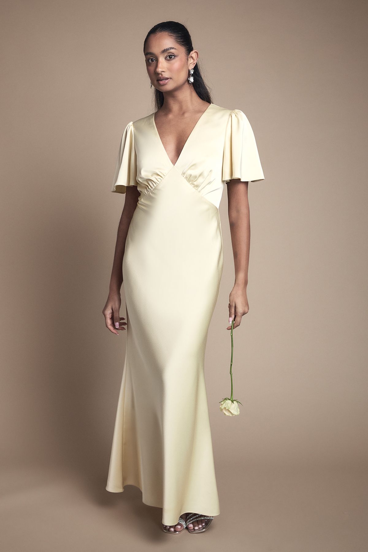 Oasis Deep V Fluted Sleeve Maxi Bridesmaid Dress Butter image 1