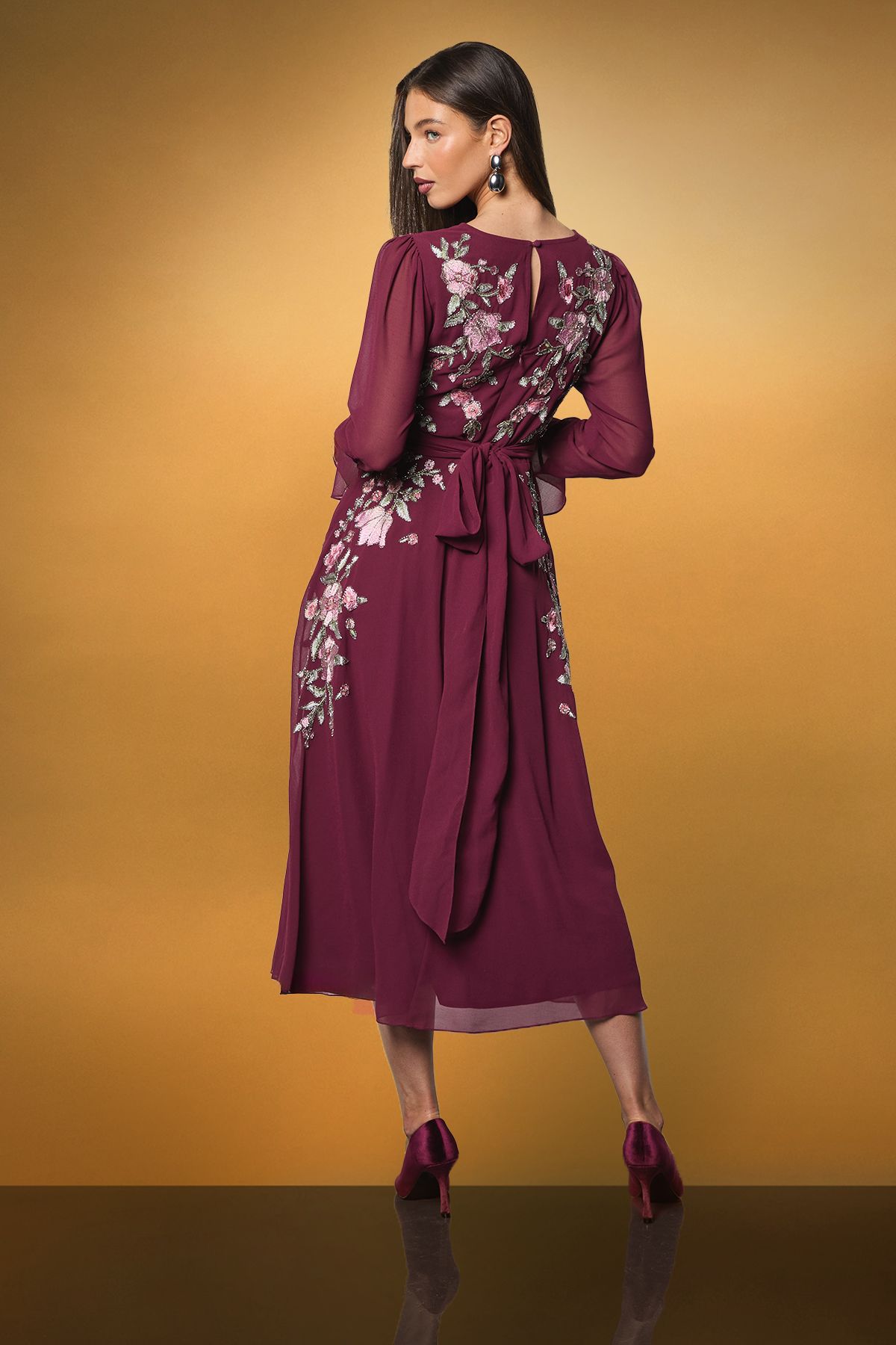 Coast Wrap Waist Embroidered Midi Dress Wine image 3