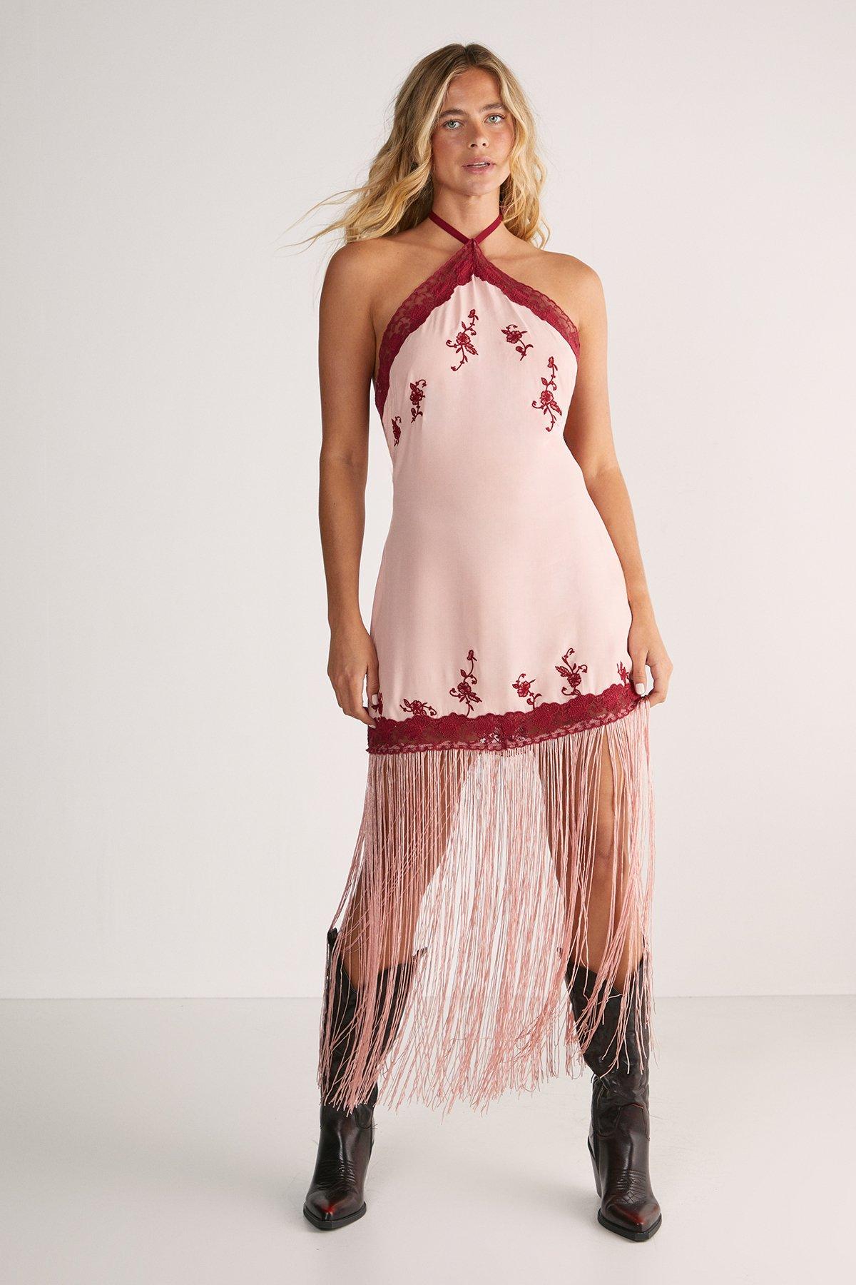 NastyGal Floral Embroidered Lace Trim Halter Neck Fringe Maxi Dress Blush image 1