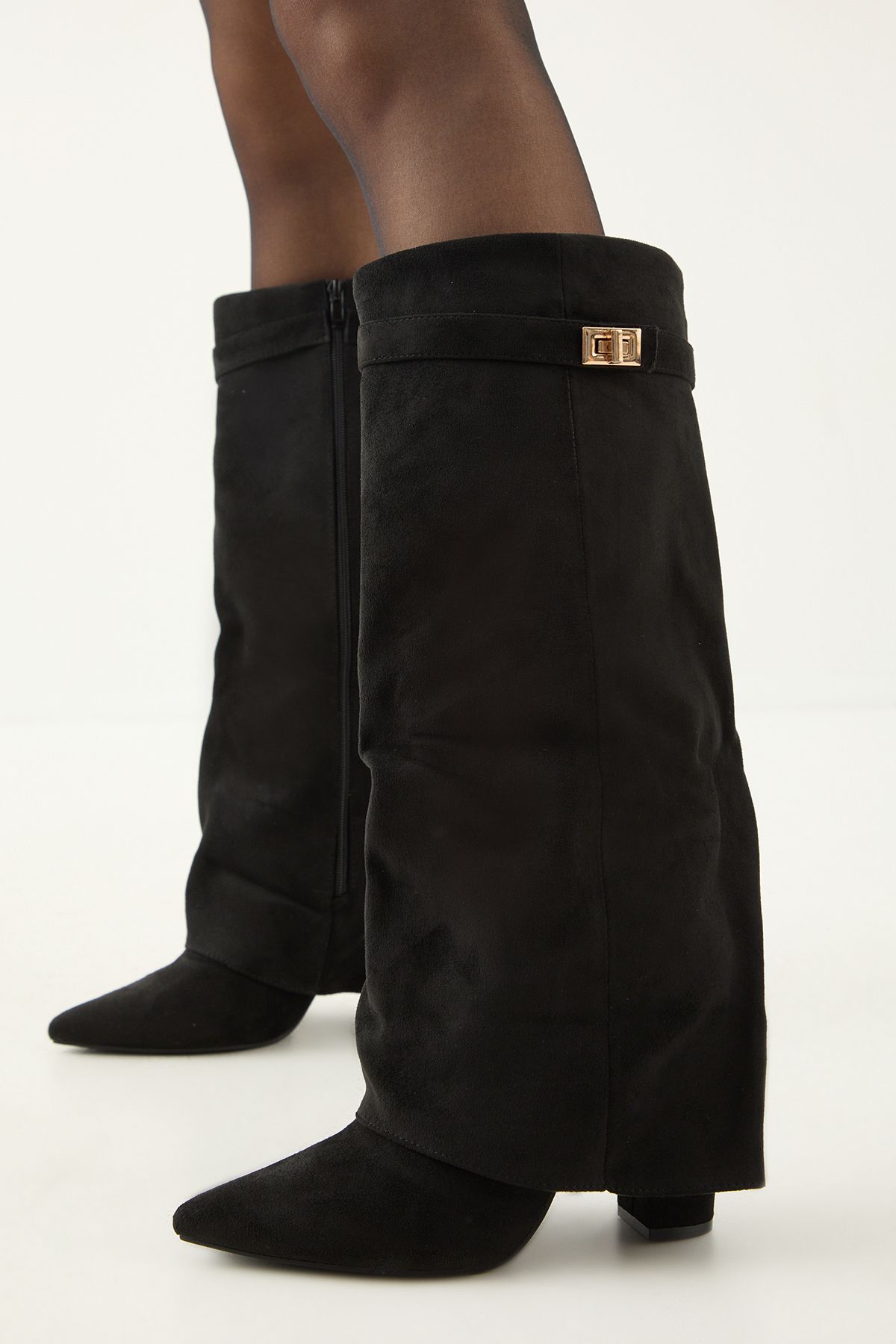 MissPap Faux Suede Foldover High Block Knee High Boots Natural Black image 4