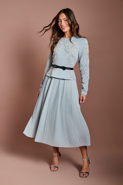 Coast Pearl Beaded Ponte Bodice with Pleated Skirt Light Blue