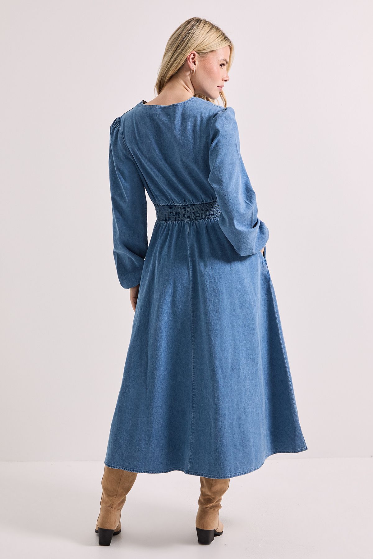 Dorothy Perkins Shirred Waist Long Sleeve Denim Midi Dress Mid Wash image 3