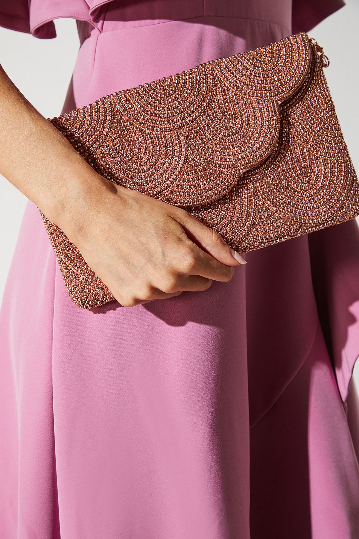 Coast Pearl Beaded Scallop Clutch Bag With Shoulder Strap Rose Gold image 1