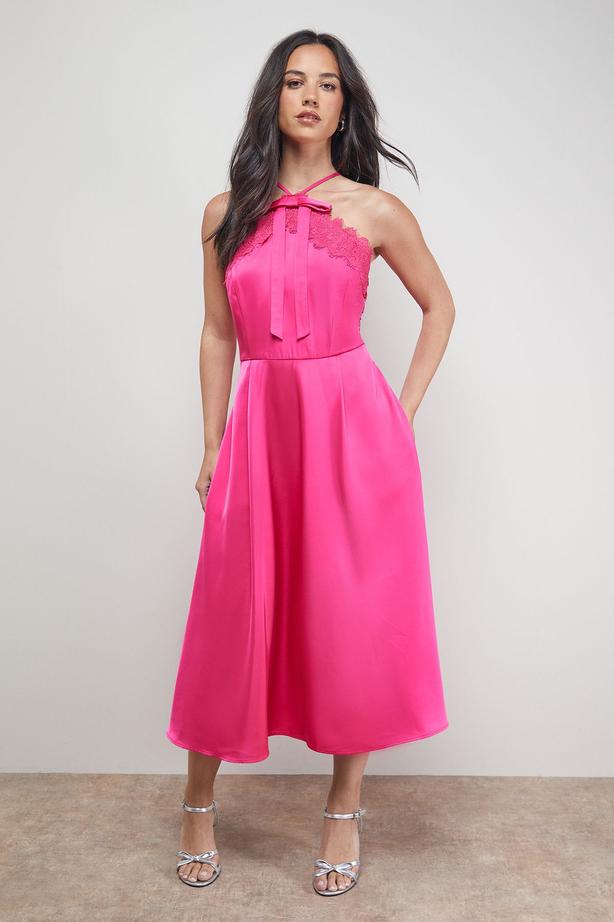 Oasis Lace Detail Midi Prom Dress Magenta image 1