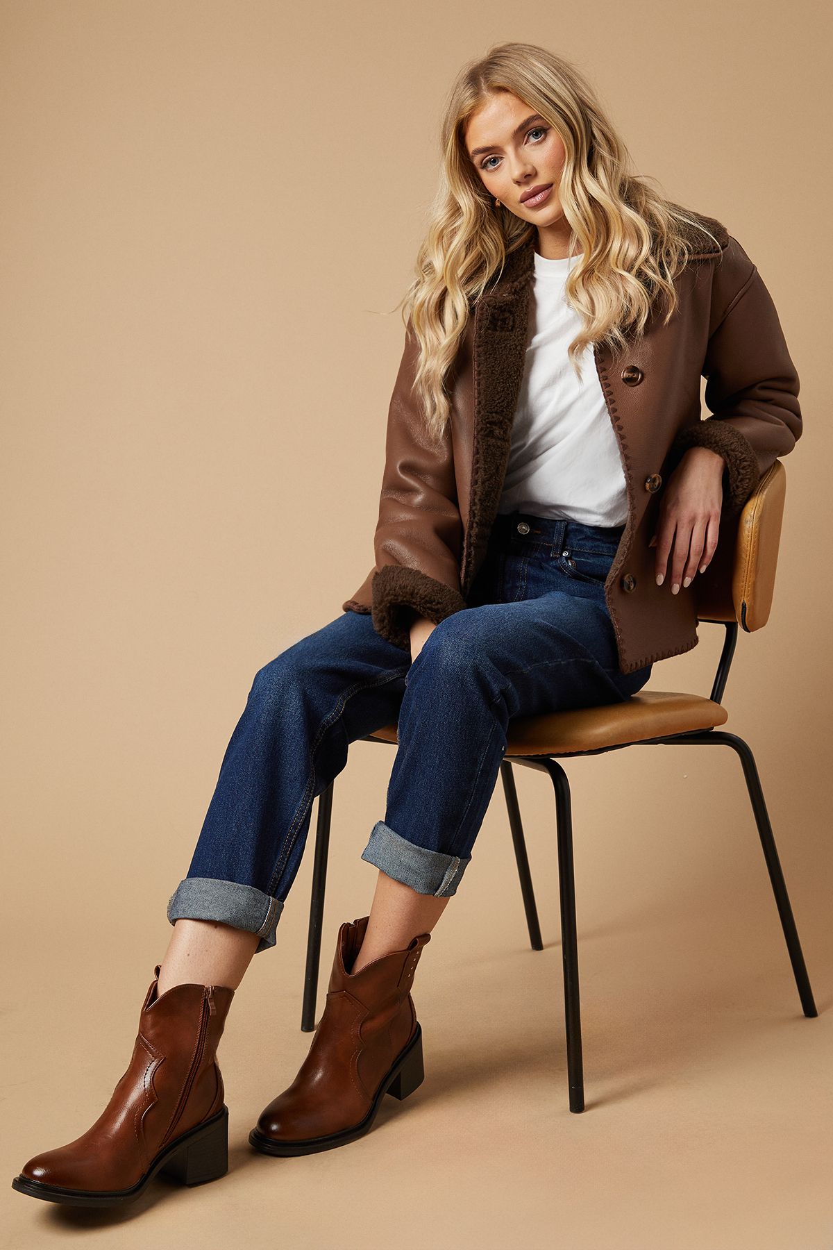 Oasis Mckayla Tab Detail Block Heel Ankle Boots Tan image 1