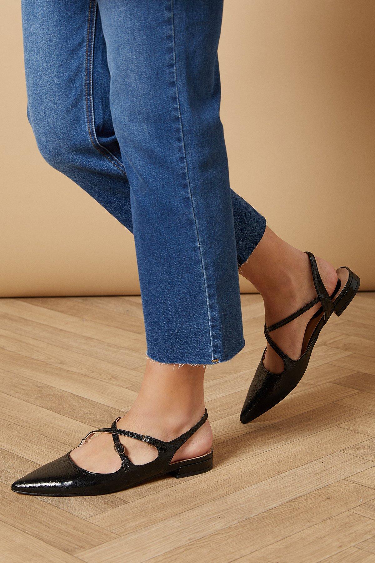 Oasis Anthea Faux Leather Pointed Cross Strap Flat Ballet Pumps Black image 2