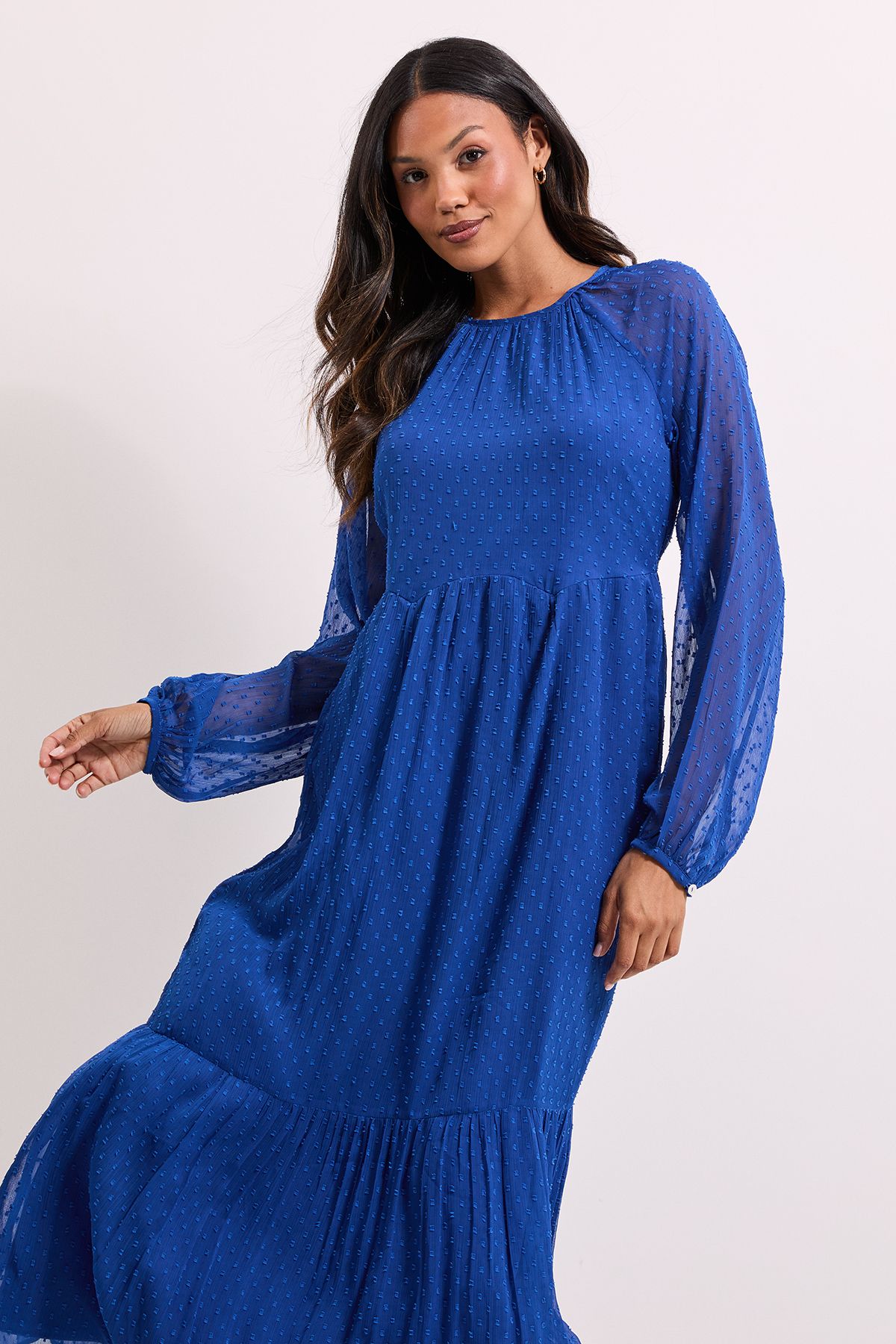 Dorothy Perkins Dobby Chiffon Tiered Blouson Sleeve Midaxi Dress Blue image 2