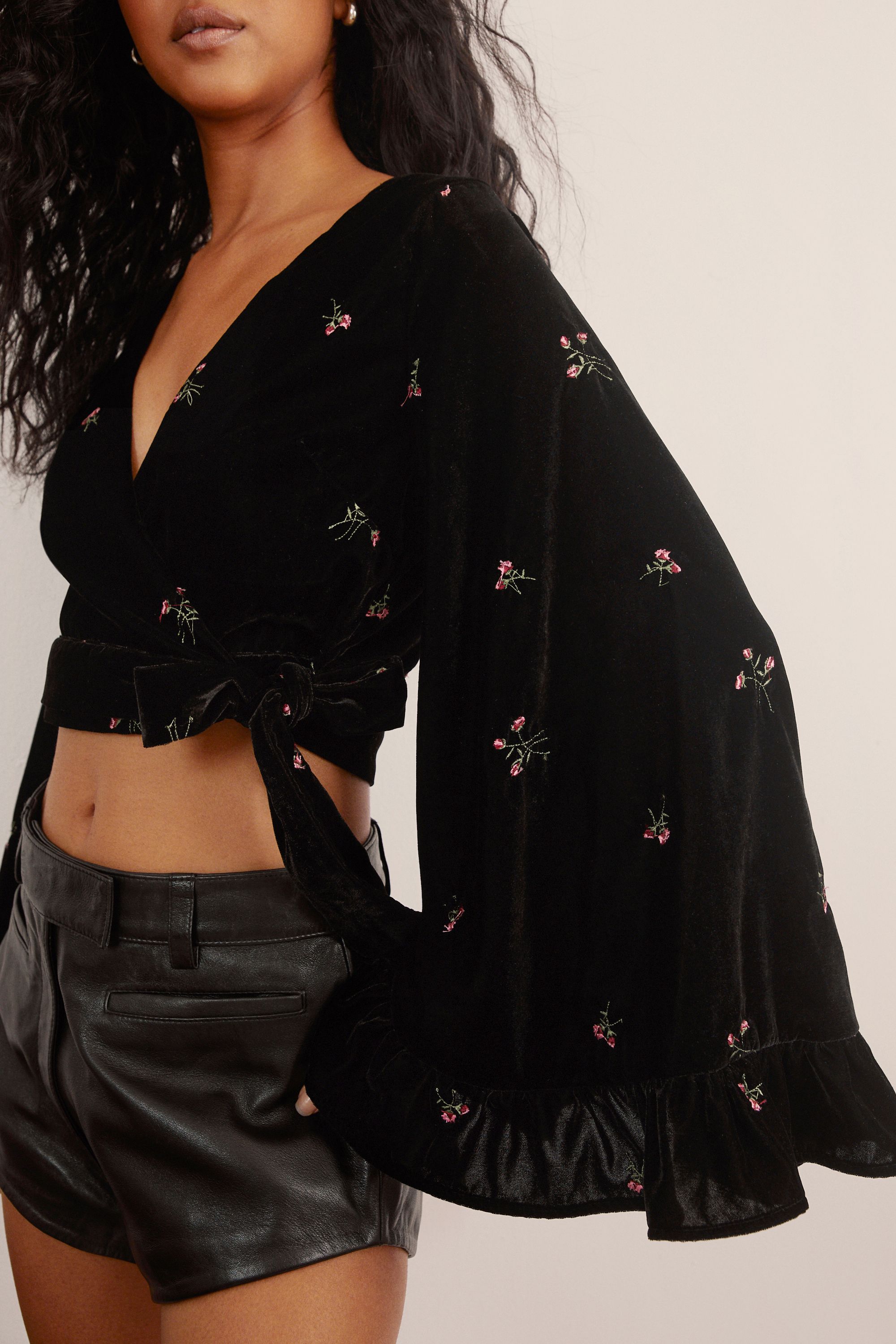 NastyGal Velvet Floral Embroidered Ruffle Wrap Top Black image 2