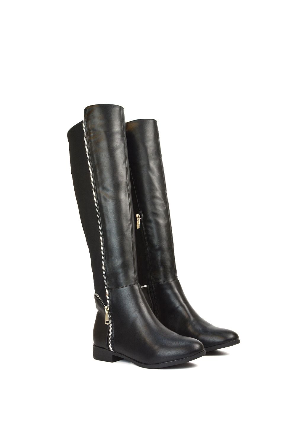 XY London 'Sutton' Zip Up Flat Heel Knee High Boots With Stretchy Calf image 4