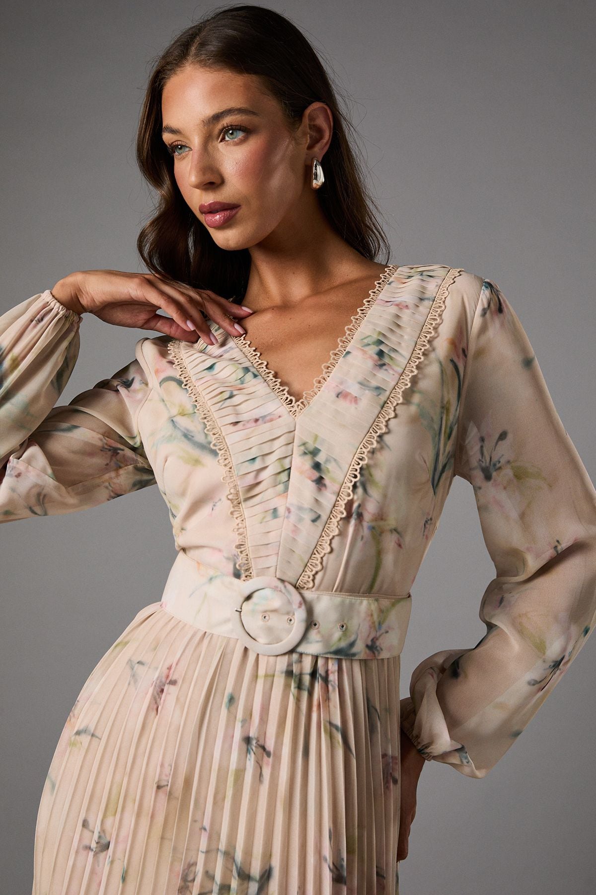 Coast Long Sleeve V Neck Pleated Midi Dress With Belt Nude image 4